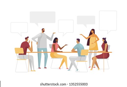 Vector illustration with business concept in flat design. Workspace with creative people sitting at the table and working together. People chatting with speech bubbles. White isolated 