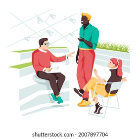 Vector illustration with business concept in flat design. Workspace with three creative people meeting. White isolated