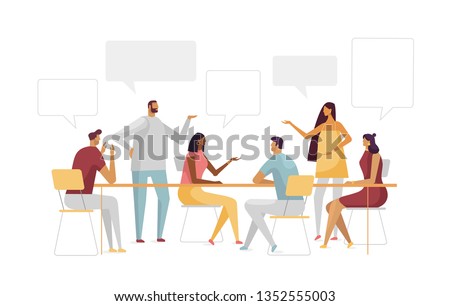 Vector illustration with business concept in flat design. Workspace with creative people sitting at the table and working together. People chatting with speech bubbles. White isolated 