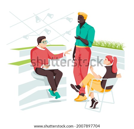 Vector illustration with business concept in flat design. Workspace with three creative people meeting. White isolated