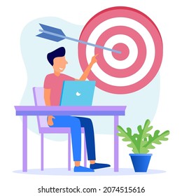 La ilustración vectorial de un concepto empresarial centrado en los objetivos de trabajo y el mejor desempeño de las tareas conducen al éxito. Buena puntuación para los negocios y la carrera. El objetivo principal es la precisión del objetivo y el tiro con arco preciso.