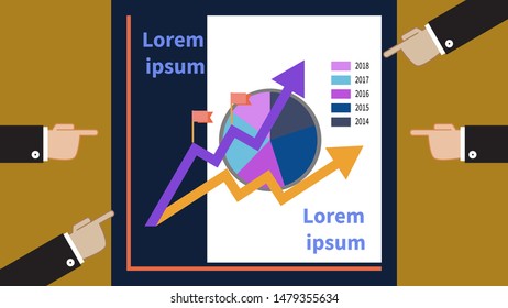 Vector illustration of a business concept. Four male hands indicate to graphs. Growing chart and statistics. Place for text. Modern flat design. Idea for financial presentation, finance, economy.