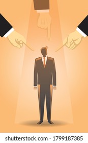 Vector illustration of business concept, giant hands pointing to blame a businessman