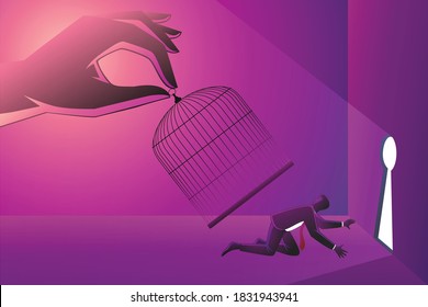 Vector illustration of business concept, giant hand capturing a businessman with birdcage