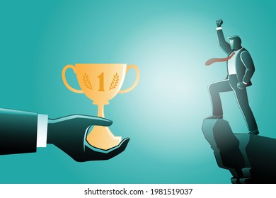 Vector illustration of business concept, giant hands give trophy to a businessman