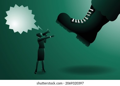 Vector illustration of business concept, a giant military boot trampling on a business woman with megaphone, dictator illustration. 