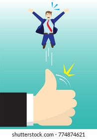 Vector Illustration Business Concept As A Giant Hand Is Flicking Businessman Up High By Thumb. He Is Delightful And Using Admiration, Respect, Social Esteem As Opportunity for Better Self Performance.