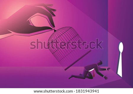Vector illustration of business concept, giant hand capturing a businessman with birdcage