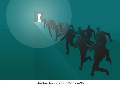 Vector illustration of business concept, group of peoples running toward keyhole