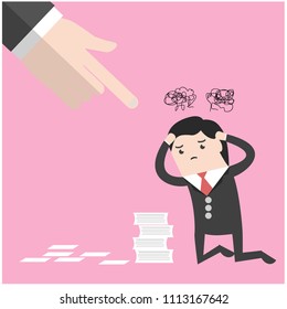 Vector illustration business concept. Hand pointing fingers at the stunned employee. have a pile of papers on the floor.