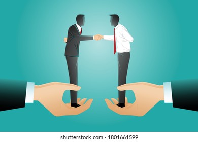 Vector illustration of business concept, handshake between businessman on giant hands