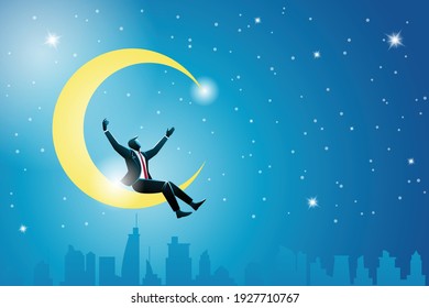 Vector illustration of business concept, happy businessman sit on crescent moon above cityscape, celebrate his success