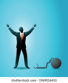 Vector illustration of business concept, happy businessman raise both hand after releasing from iron ball which chained in his feet