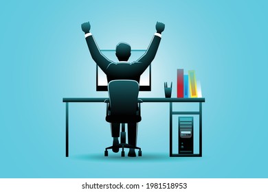 Vector illustration of business concept, happy businessman in computer desk