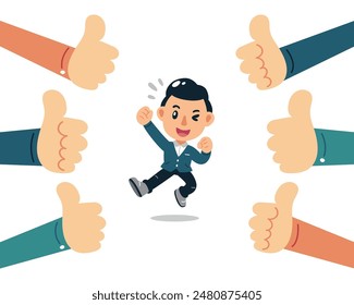 Vector illustration business concept happy businessman with many thumbs up hands for design.