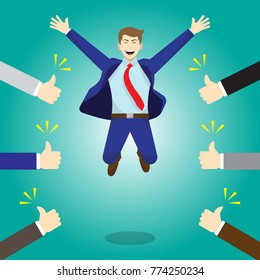 Vector Illustration Business Concept As A Happy Businessman Is Highly Jumping And Thumbs Up From Others. He Is Delightful And He Is Admired, Praised, Respected, Cheered And Full Of Social Esteem.