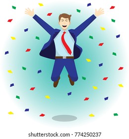 Vector Illustration Business Concept As A Happy Businessman Is Highly Jumping Among Colorful Piece Of Papers. He Is Delightful And Pleasure What He Achieves, Succeeds, Attains; Full Of Self Esteem.