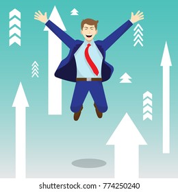 Vector Illustration Business Concept As A Happy Businessman Is Highly Jumping Among White Upward Arrows. He Is Delightful And Pleasure With Continuous Better Circumstance; Full Of Self Esteem.