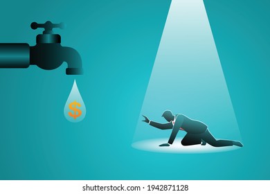 Vector illustration of business concept, helpless businessman struggling reach money dropped from faucet