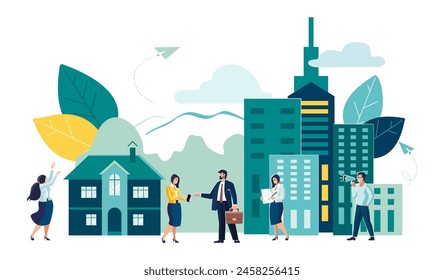 Vector illustration, business concept with houses, real estate market growth. Exchange of living space, presentation of the house, house for an apartment. People, realtor, dacha in the village, poster
