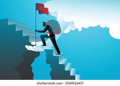 Vector illustration of business concept. Huge hand helps businessman to cross the broken stairs