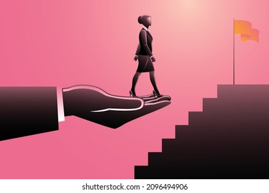 Vector illustration of business concept, a huge hand helps the business woman reach the success 