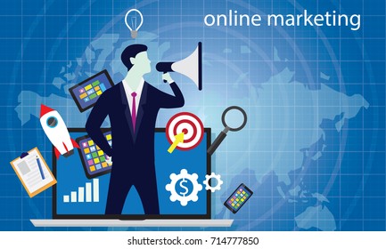 Vector illustration. Business concept. Internet web online digital marketing selling content product global worldwide trough website