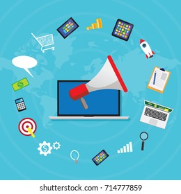 Vector illustration. Business concept. Internet web online digital marketing selling content product global worldwide trough website