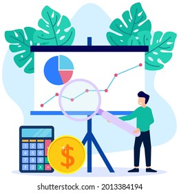 Vector illustration of business concept, investing and investing cash profit, career growth to success, man observing business improvement.
