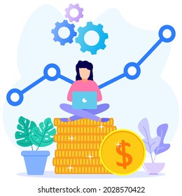 Vector illustration of business concept, investing and investing cash profit, career growth to success, man jumping happily on pile of coins.