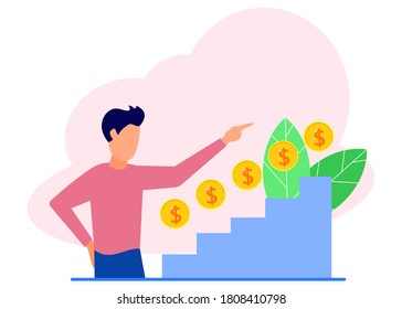 Vector illustration of business concept, investment and cash profit planting, career growth towards success, man climbing the ladder from a pile of coins.