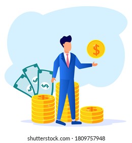 Vector illustration of business concept, investment management, businessman in formal suit, investing cash profit, career growth towards success, flat color icon, business analysis.
