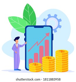 Vector illustration of business concept, investment, entrepreneur building business from online. Financial technology concept. Can be used for web banners, infographics, landing pages, web templates.