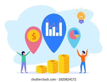 Vector illustration of business concept, investment and cash profit planting, career growth towards success, man climbing the ladder from a pile of coins.