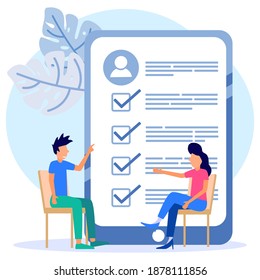 Vector illustration of a business concept. Job interview. Employee evaluations, appraisal forms and reports, performance review concepts.