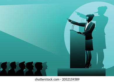 Vector illustration of business concept, a liar businesswoman speaking on podium