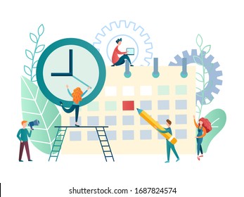 Vector Illustration Business Concept. Little People Characters Make A Schedule, Planning Work. Design Business Graphics Tasks Scheduling On A Week