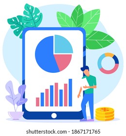 Ilustración vectorial de un concepto de negocio, hombre de negocios analizando el desarrollo económico. Estos diseños se pueden usar para sitios web, páginas de inicio, interfaz de usuario, aplicaciones móviles, afiches, banners.