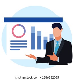 Ilustración vectorial del concepto de negocio, hombre de negocios estudiando infografías, análisis de crecimiento económico, promoción de redes, búsqueda de nuevas ideas de soluciones, crecimiento económico de la empresa, ingresos de la empresa.