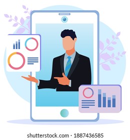 Vector illustration of business concept, business man studying infographics, economic growth analysis, network promotion, looking for new solution ideas, company economic growth, company revenue.