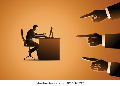 Vektorgrafik des Business-Konzepts, ein Mann, der mit Computer am Schreibtisch arbeitet und von drei großen Händen gezeigt wird