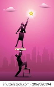 Vector illustration of business concept, man lift a business woman using book to reach golden star