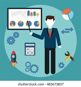 Vector illustration business concept  man businessman character,  graphics on the white board, flat style