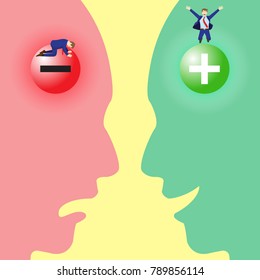 Vector Illustration Business Concept As Negative And Positive Symbol Brains With Sad And Happy Businessmen Inside Silhouette Facial Expressions. It Means Pessimistic Attitude Versus Optimistic One.