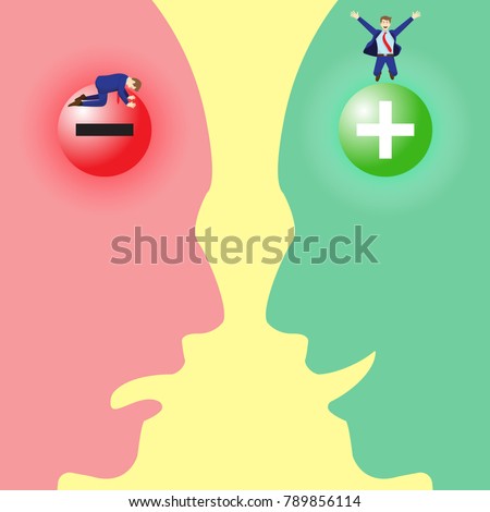 Vector Illustration Business Concept As Negative And Positive Symbol Brains With Sad And Happy Businessmen Inside Silhouette Facial Expressions. It Means Pessimistic Attitude Versus Optimistic One.