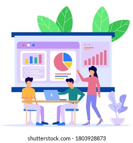 Vector illustration of a business concept. Office workers involved in teamwork. Share suggestions and feedback. Analysis of company information.