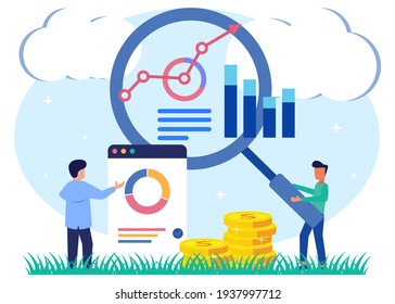 Vector illustration of business concept, office worker studying infographics, evolution scale vector analysis. Economic growth is headed up.