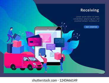 Vector illustration business concept, online store, buying and selling, goods delivery, flat style, online shopping, receiving a check through the phone