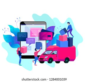 Vector illustration business concept, online store, buying and selling, goods delivery, flat style, online shopping, receiving a check through the phone