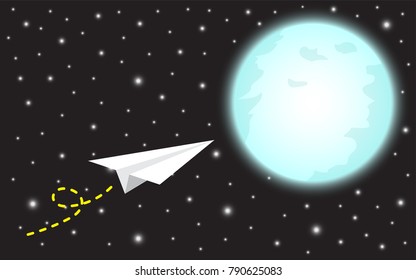 Vector Illustration Business Concept As A Paper Rocket Is Flying To The Shinning Blue Full Moon. It Means Dreaming Or Hoping To Achieve, Succeed, Attain The Big Target Or Overcome Difficulty Ahead.